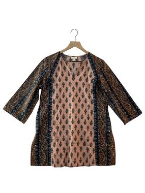 J. Jill Pure Jill Linen Blend Tunic Size S Pink/Blue Floral Paisley Boho Hippie